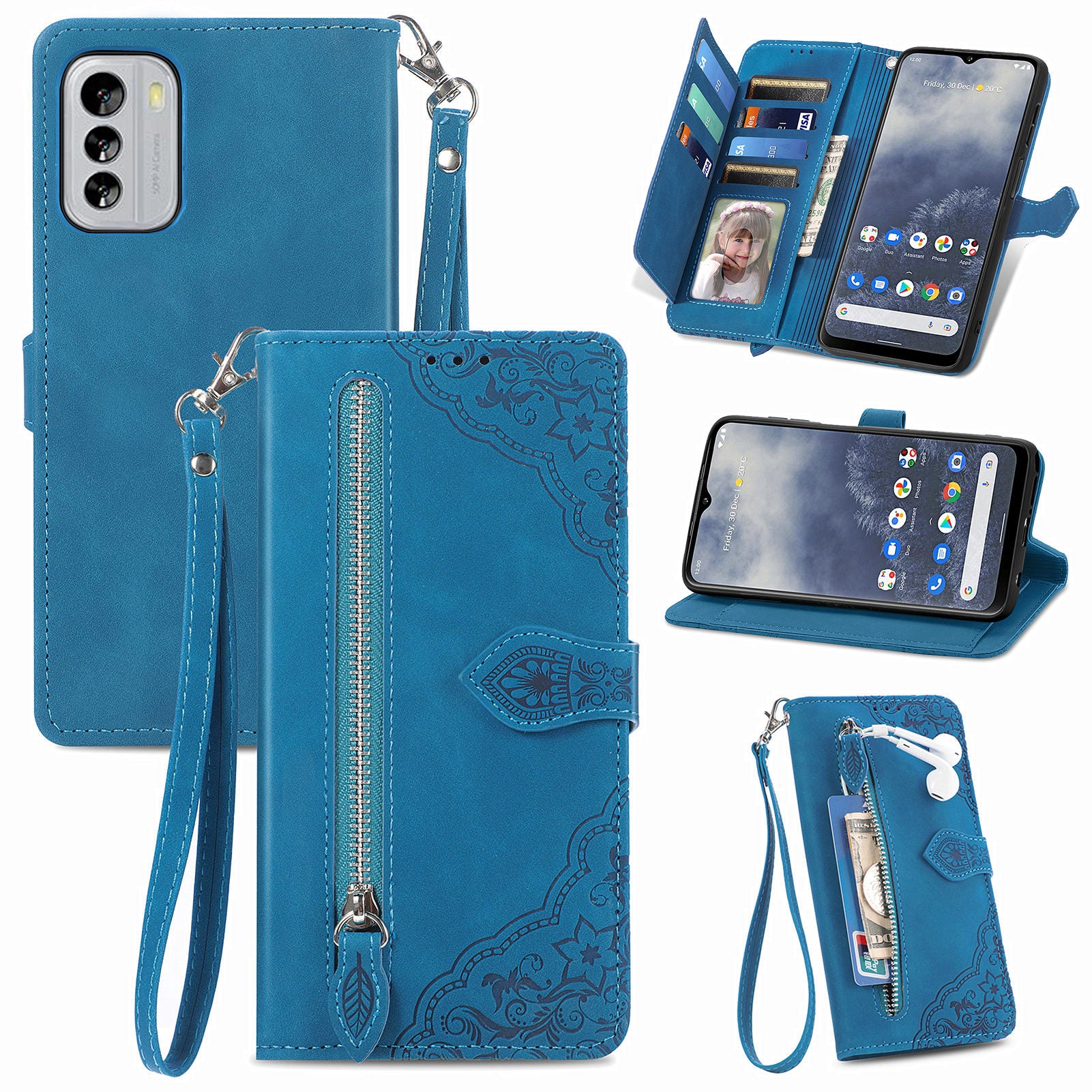 Anti-fall Flip Leather Phone Case For Nokia G60 5G Flower Imprinted Pattern Zipper Pocket Cell Phone Cover Stand Wallet Anti-fall Flip Leather Phone Case For Nokia G60 5G Flower Imprinted Pattern Zipper Pocket Cell Phone Cover Stand Wallet